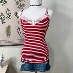 Y2k Old Navy Red White Striped Lace Trim Cami Top Coquette Americana 2000s L